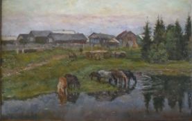 G D DARBIN (20th Century) "Evening in the countryside", horses watering at lakeside,