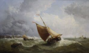 JAMES WEBB (1825-1895) "Fishing boat in rough seas by breakwater", oil on canvas,