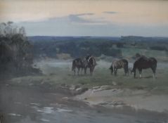 V N MEDVEDEV (20th Century) "Horses by riverside, sunset", oil on board, unsigned,