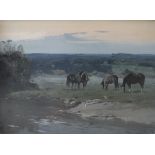 V N MEDVEDEV (20th Century) "Horses by riverside, sunset", oil on board, unsigned,