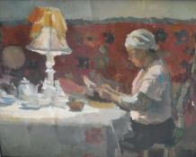20TH CENTURY RUSSIAN SCHOOL "Woman at a table in headscarf reading", oil on board, unsigned,