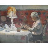 20TH CENTURY RUSSIAN SCHOOL "Woman at a table in headscarf reading", oil on board, unsigned,