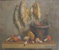 N DANILICHEV (20th Century) "Fish and mushrooms", a still life study, oil on canvas,