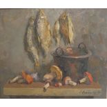 N DANILICHEV (20th Century) "Fish and mushrooms", a still life study, oil on canvas,