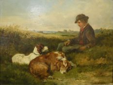 HEYWOOD HARDY (1842-1933) "Boy with two dogs resting in a landscape", oil on canvas,
