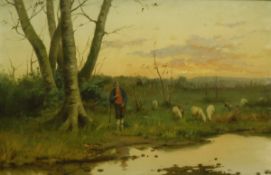 WILLIAM DOMMERSON (1850-1927) "Shepherd and sheep by waters edge at sunset", oil on canvas,