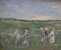 G A ANFILOVA (20th Cenutry, Russian) "Time for Haymaking", oil on canvas, unsigned, inscribed verso,
