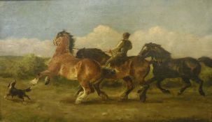 WILLIAM WOODHOUSE (1857-1937) "Figure with three shire horses", a dog at their side, oil on board,