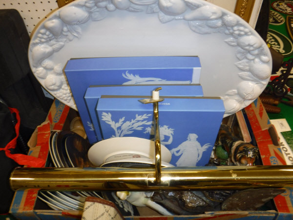Two boxes of various china wares to include commemorative plates, cut glass ware,