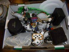 A box of various china wares to include Sitzendorf figures, Danish Jus posy holder,