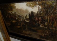 ENGLISH SCHOOL "Figures on a bridge with houses in background", oil on canvas,