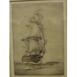 AFTER ROWLAND LANGMAID "Tall-masted ship", dry point etching,