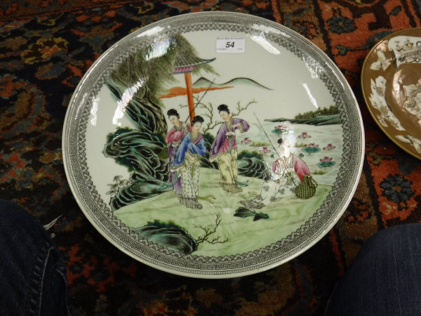 A Chinese polychrome decorated charger depicting four women fishing by lakeside, - Image 2 of 23