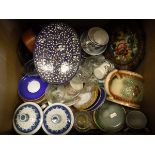 A box of various china and glassware, lacquered wares, plated water jug,