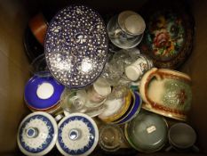 A box of various china and glassware, lacquered wares, plated water jug,