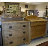 A circa 1900 pine dressing chest with mirrored superstructure over three drawers and a pine three