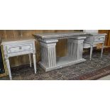 A modern silver grey painted console table in the classical style on column supports,