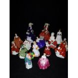 A collection of twelve small/medium Royal Doulton figurines, including "Mother's Helper", "Elaine",