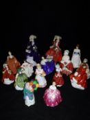 A collection of twelve small/medium Royal Doulton figurines, including "Mother's Helper", "Elaine",