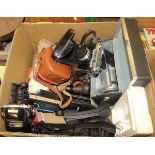 A box containing various cameras including Sankyo Super CM800, a Keystone Twenty 8mm Zeiss Ikon,