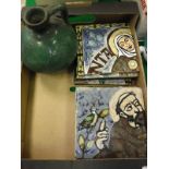 A box containing a set of six polychrome decorated tiles inscribed "Santa Clara", signed "F Miro",