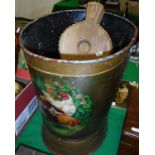 A toleware style painted bucket decorated with chickens in a garden setting,