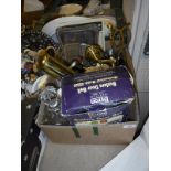 A box of sundries including pewter mugs, hip flasks, plated tureen, postcards, butler's doorbell,