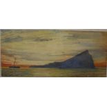 JAMES SCRIMGOEUR MANN RI (1883-1946) "Liner steaming past Gibraltar at dusk",