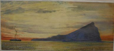 JAMES SCRIMGOEUR MANN RI (1883-1946) "Liner steaming past Gibraltar at dusk",