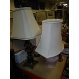 Five boxes of various sundry ornamental wares, table lamps, metal wares, etc,