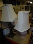 Five boxes of various sundry ornamental wares, table lamps, metal wares, etc,