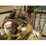 A collection of sundry metal wares to include three saddle racks, folding seat, steins, glassware,