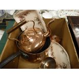 A box of various china wares, a box of copper wares including saucepan, kettle, coasters,