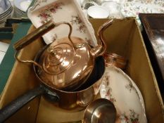 A box of various china wares, a box of copper wares including saucepan, kettle, coasters,