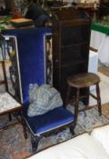 A Victorian rosewood framed prie à dieu chair with blue upholstery and carved show frame on