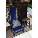 A Victorian rosewood framed prie à dieu chair with blue upholstery and carved show frame on