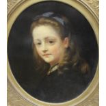 WITHDRAWN DOWNES (19TH CENTURY) "Young girl with blue ribbon in her hair", oil on board, oval,