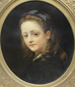 WITHDRAWN DOWNES (19TH CENTURY) "Young girl with blue ribbon in her hair", oil on board, oval,