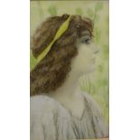 19TH CENTURY CONTINENTAL SCHOOL "Study of a maiden in yellow headband", painting on porcelain,