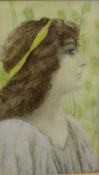 19TH CENTURY CONTINENTAL SCHOOL "Study of a maiden in yellow headband", painting on porcelain,