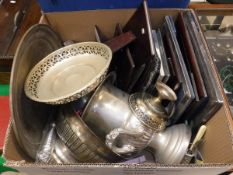 Two boxes of assorted plated wares to include various photograph frames, trays, trophy bowls,
