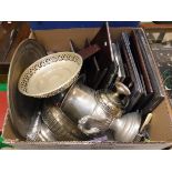 Two boxes of assorted plated wares to include various photograph frames, trays, trophy bowls,