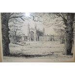 OLIVER RAE "King's College Cambridge", black and white engraving, signed in pencil lower left,