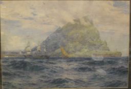 JOHN FRASER (1858-1927) "Gibraltar", study of three masted ship and fishing boat before the rock,