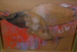 MARY HACKNEY "Maya resting", nude study, pastel, initialled lower right, bears paper label verso,