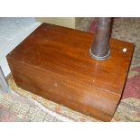 Brown leather hunting horn cover and a rectangular walnut box