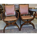 A pair of Edwardian Sheraton Revival mahogany and satinwood banded X framed salon chairs with