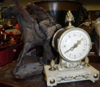 A circa 1900 French drum mantle clock on a white alabaster and brass embellished base,