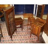 A collection of furniture comprising a 19th Century mahogany and inlaid corner display cabinet with