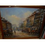 20TH CENTURY CONTINENTAL SCHOOL "The flower market", oil on board, indistinctly signed lower right,